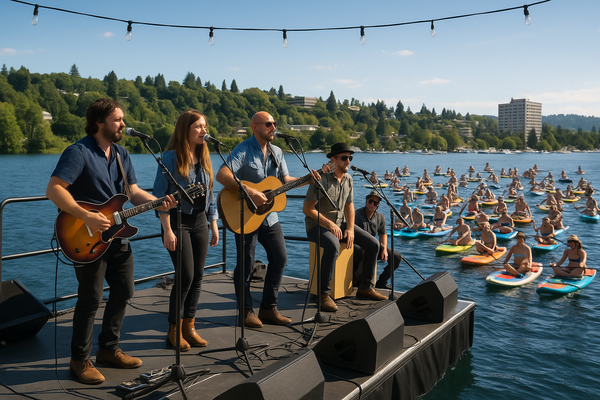 paddle boarders watching a concert