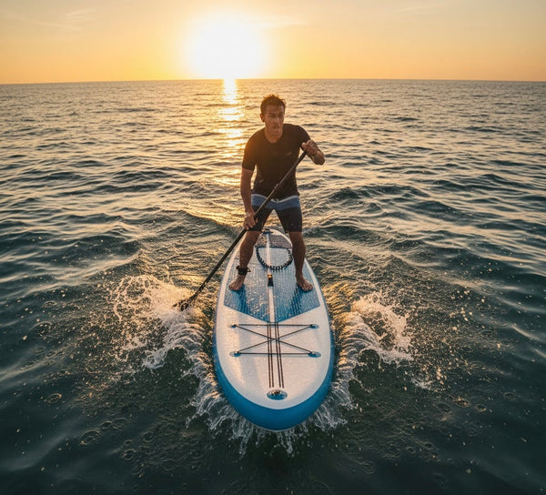 man on an inflatable paddle board