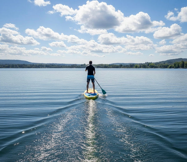 man on inflatable paddle board